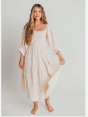 Listicle Cream Smocked Maxi Dress with Puff Sleeves